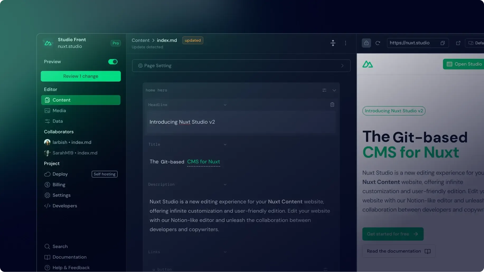 Nuxt studio v2 界面